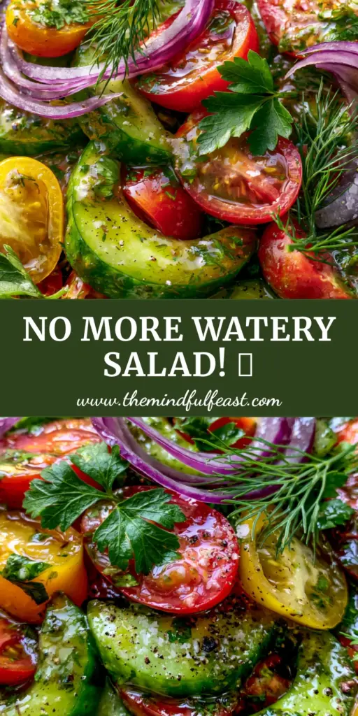 A close up of Cucumber and Tomato Salad in a rustic bowl with glossy vinaigrette and fresh herbs.