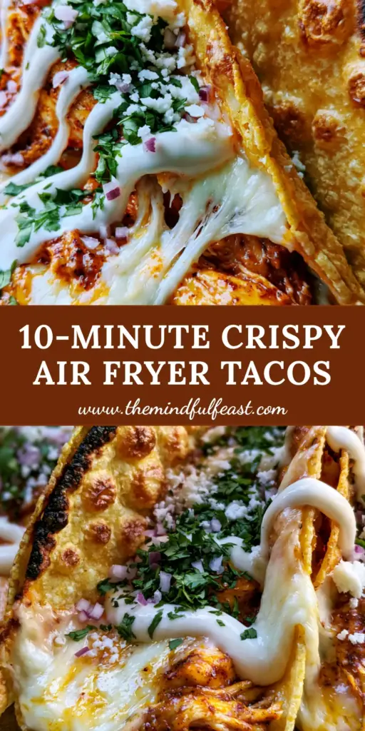 Air Fryer Tacos with Blistered Corn Tortillas and Gooey Monterey Jack 4 Three golden-yellow air fryer tacos with blistered bubbles, melted Monterey Jack cheese pull, and lime crema drizzle on a plate.