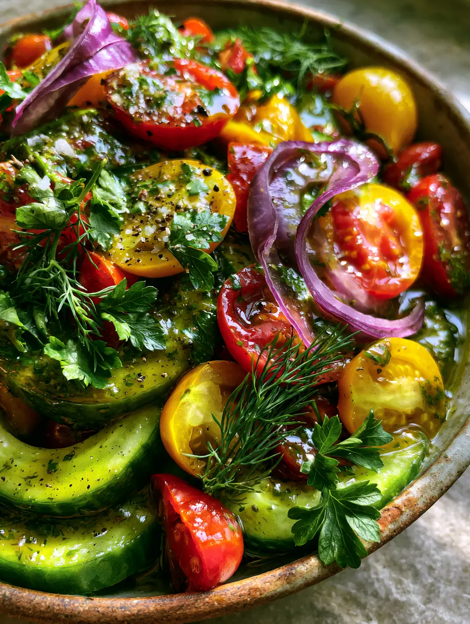 Macro shot of marinated English cucumbers and heirloom tomatoes with cracked black pepper. (Cucumber and Tomato Salad)