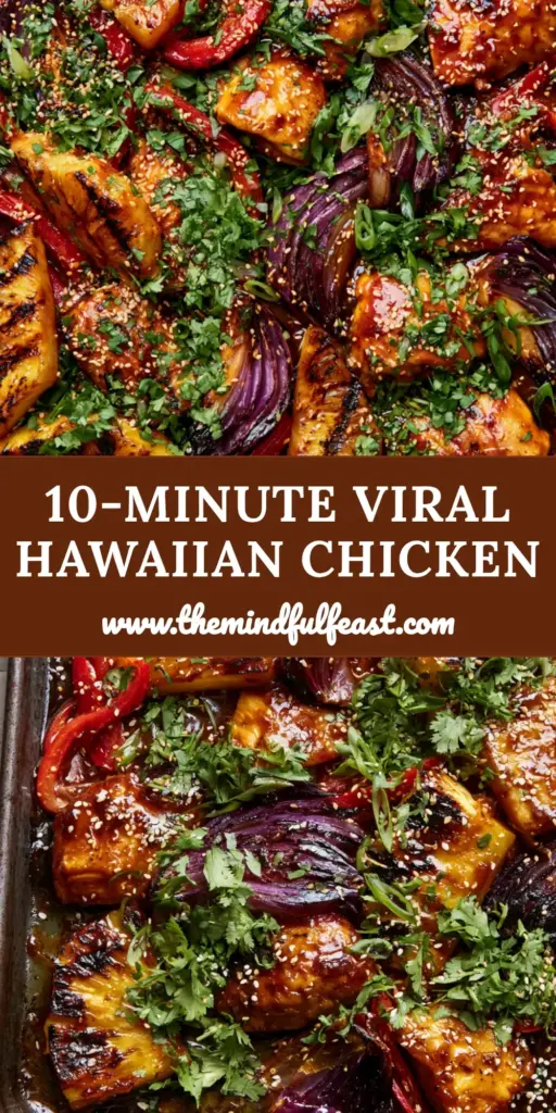 A dark metal sheet pan featuring glossy Hawaiian chicken with charred pineapple and red peppers, garnished with sesame seeds and cilantro.