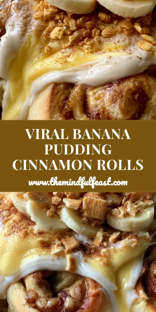 A rustic white ceramic dish filled with golden-brown banana pudding cinnamon rolls topped with fresh banana slices and Nilla wafers.