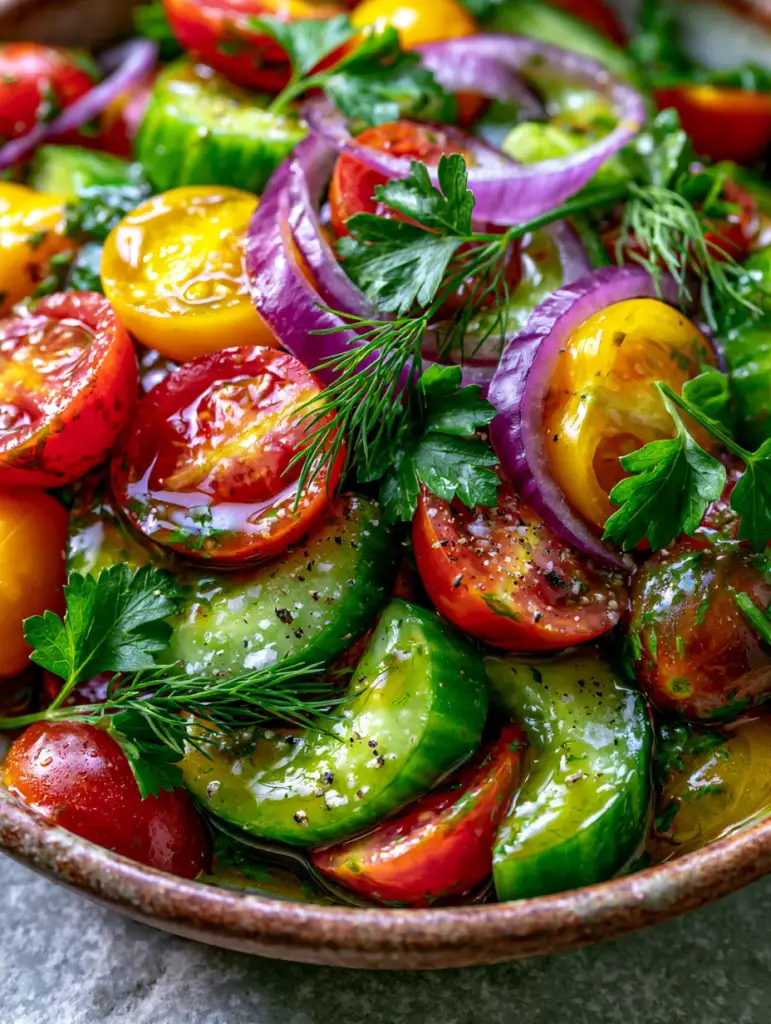 Overhead view of a rustic ceramic bowl filled with Cucumber and Tomato Salad, dill, and red onion curls.