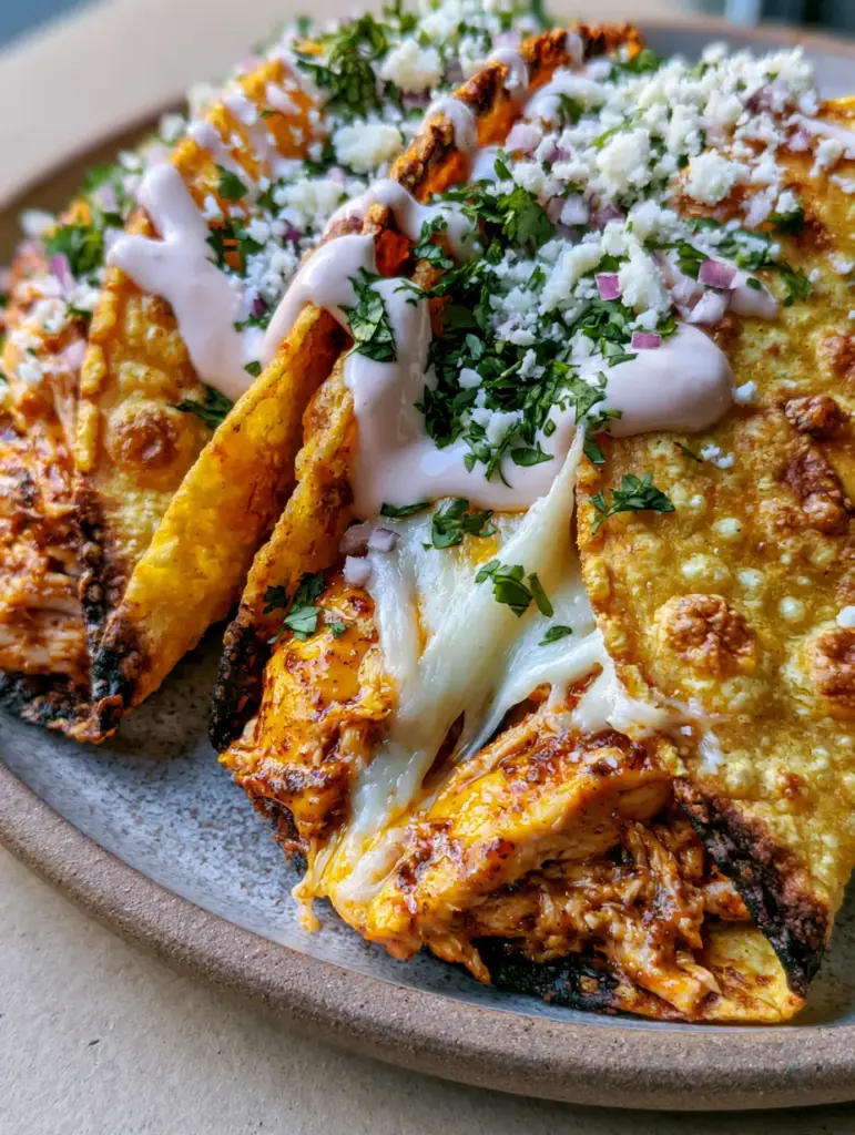 Air Fryer Tacos with Blistered Corn Tortillas and Gooey Monterey Jack 1 Shredded chicken air fryer tacos topped with micro-diced red onion, cilantro, and thick lime crema.
