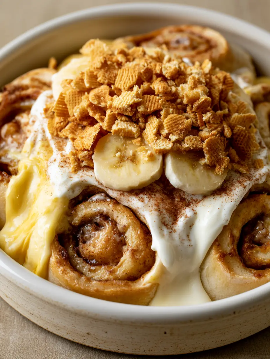 Close-up of warm banana pudding cinnamon rolls with glossy cream cheese icing and yellow custard swirls.