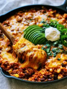 Close up smartphone photo of a Cheesy Taco Rice Skillet showing a dramatic cheese pull with a wooden spoon.