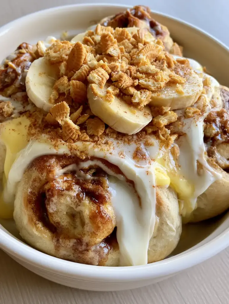 High-angle shot of banana pudding cinnamon rolls with crushed Nilla wafers and cinnamon sugar dusting.