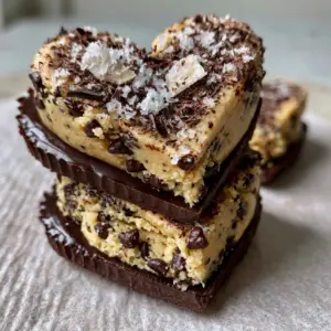 Close up of three chocolate chip cookie dough hearts showing the golden dough and miniature chips inside a dark shell.