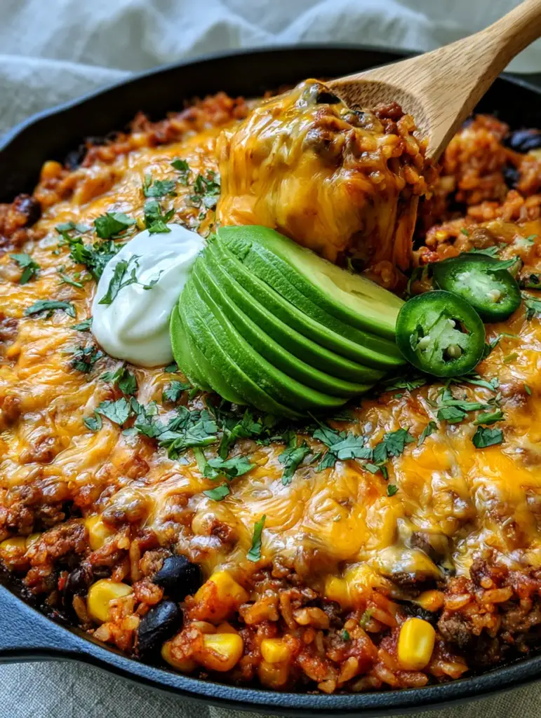 Top down view of a Cheesy Taco Rice Skillet garnished with fanned avocado and fresh cilantro.