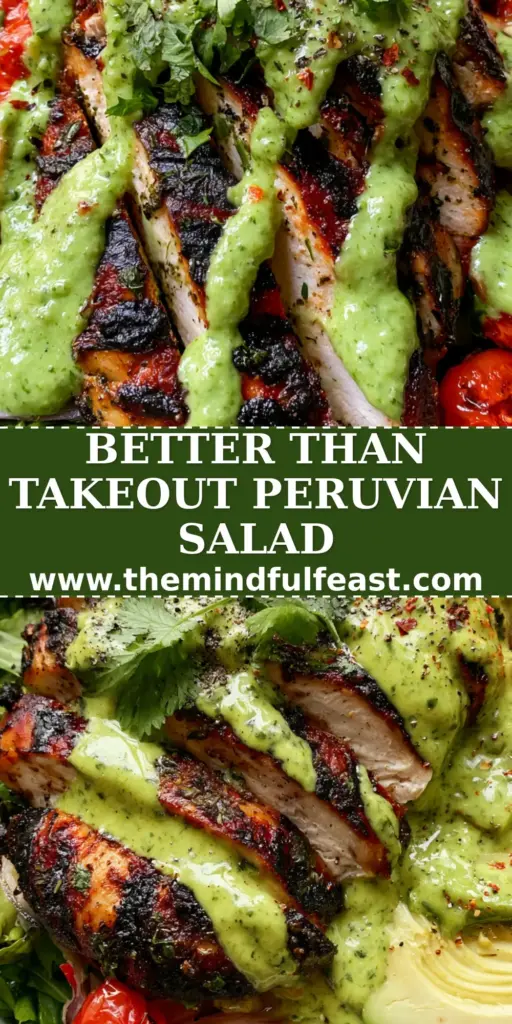 Peruvian Grilled Chicken Salad with Creamy Aji Verde Sauce 4 A rustic bowl of Peruvian Grilled Chicken Salad with charred chicken, avocado, and neon-green aji verde sauce on a marble surface.
