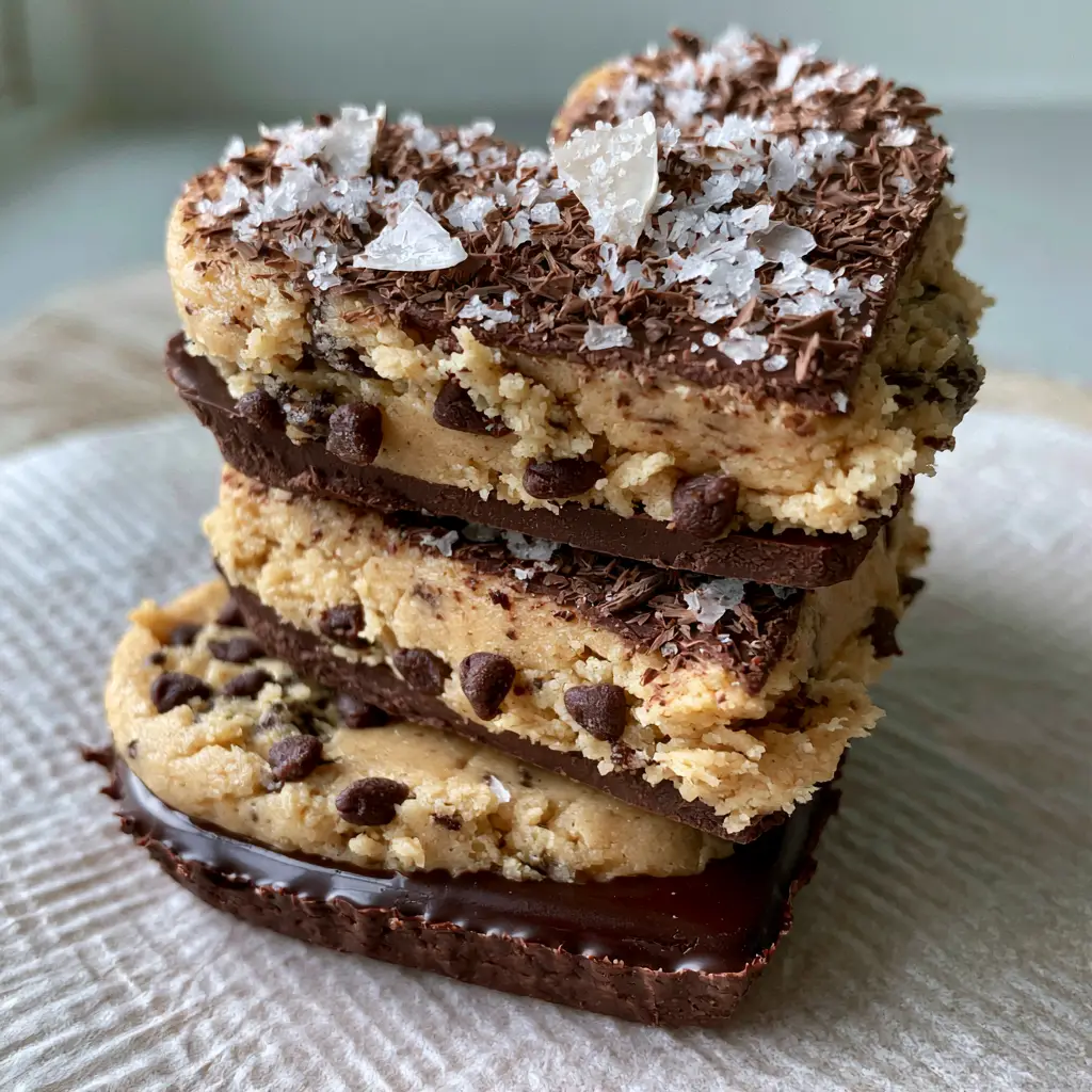 Chocolate Chip Cookie Dough Hearts with a Glossy Dark Chocolate Shell 1 Top view of chocolate chip cookie dough hearts garnished with flaky sea salt and fine chocolate shavings.