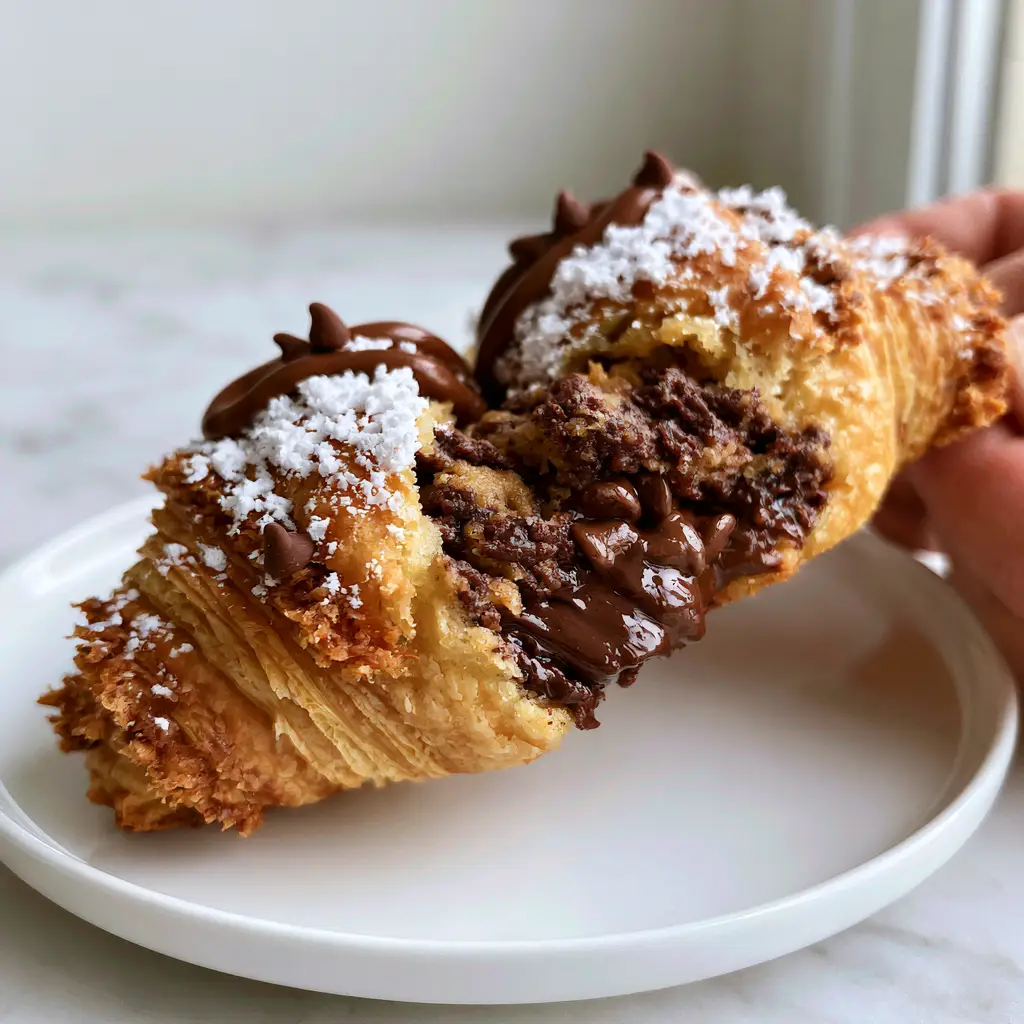 Chocolate Chip Cookie Dough Twists: The Ultimate Gooey Pull-Apart Pastry 2 Close-up photo of a hand pulling apart a Chocolate Chip Cookie Dough Twist to reveal a molten chocolate center.