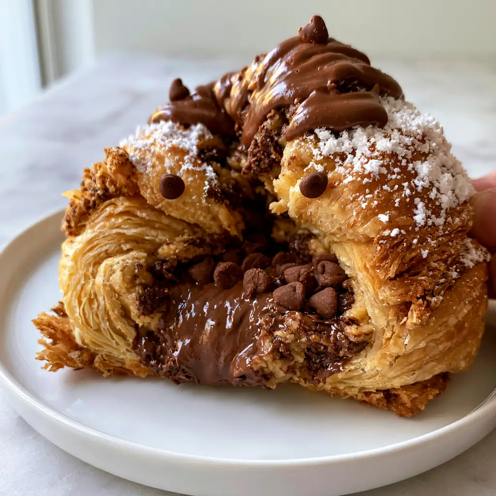 Chocolate Chip Cookie Dough Twists: The Ultimate Gooey Pull-Apart Pastry 1 Two Chocolate Chip Cookie Dough Twists on a marble countertop, highlighting the flaky laminated edges and powdered sugar dusting.