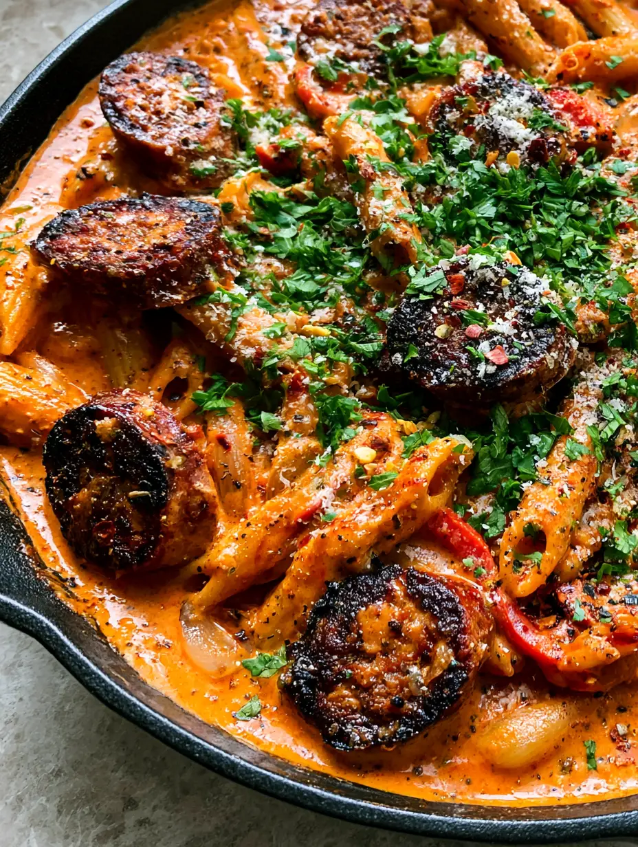 High-angle macro shot of creamy cajun sausage pasta with vibrant orange-red sauce and charred andouille rounds. (creamy cajun sausage pasta)