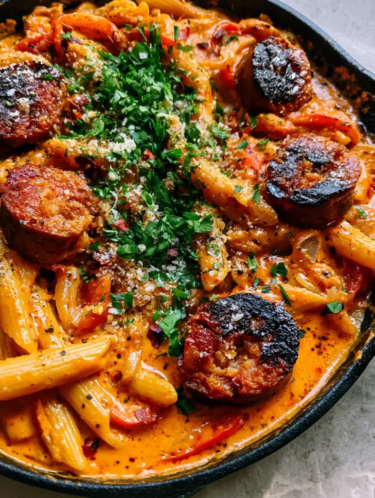 Rustic cast iron skillet filled with spicy creamy cajun sausage pasta garnished with parsley and parmesan.