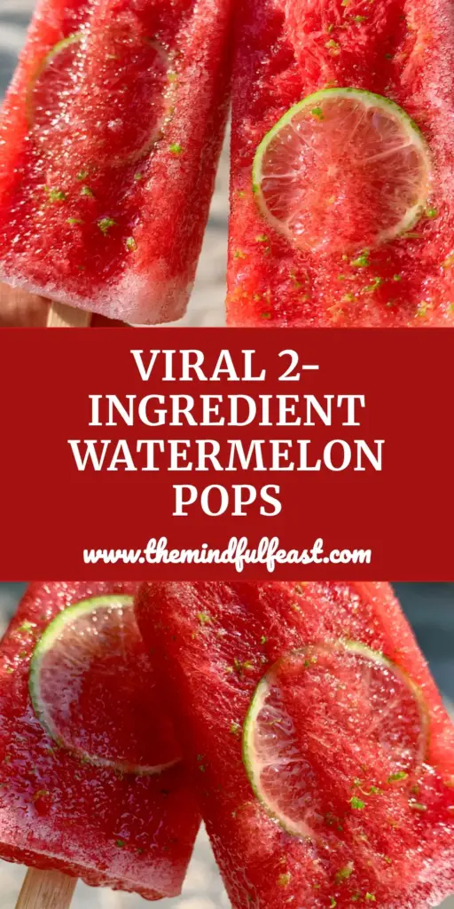 Watermelon Popsicles with Fresh Lime and Vibrant Zest 4 Two vibrant red watermelon popsicles with lime wheels and zest flakes held over a sun-drenched summer table. (watermelon popsicles)