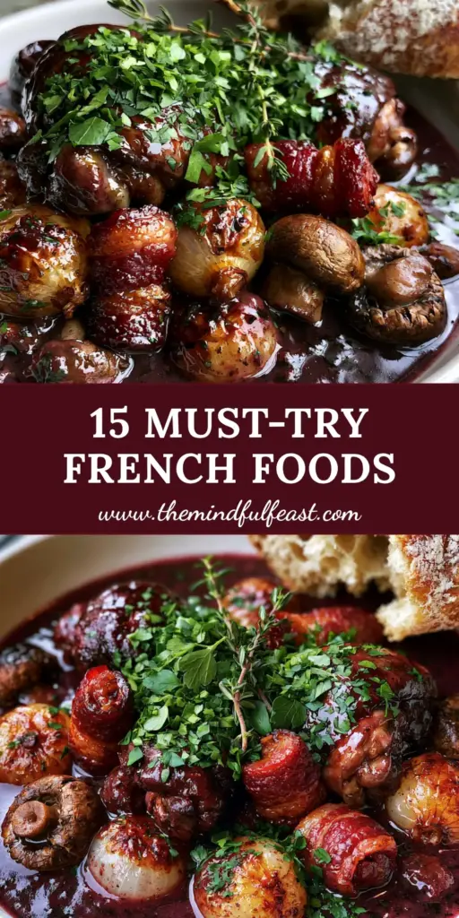 Famous foods in France: The Ultimate Rustic Coq au Vin Guide 4 Rustic Coq au Vin served in a ceramic bowl with crusty baguette on a bistro table. (famous foods in France)