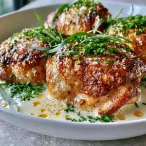Macro shot of golden-brown chicken skin with sea salt crystals and ivory cream sauce. (famous French dishes)