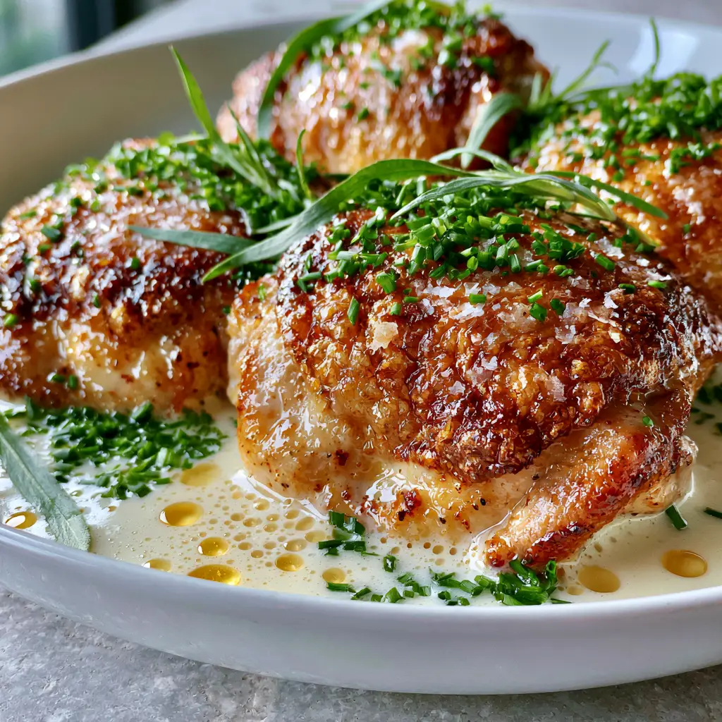 Famous French Dishes: The Ultimate Crispy Poulet à la Crème with Tarragon 2 Macro shot of golden-brown chicken skin with sea salt crystals and ivory cream sauce. (famous French dishes)