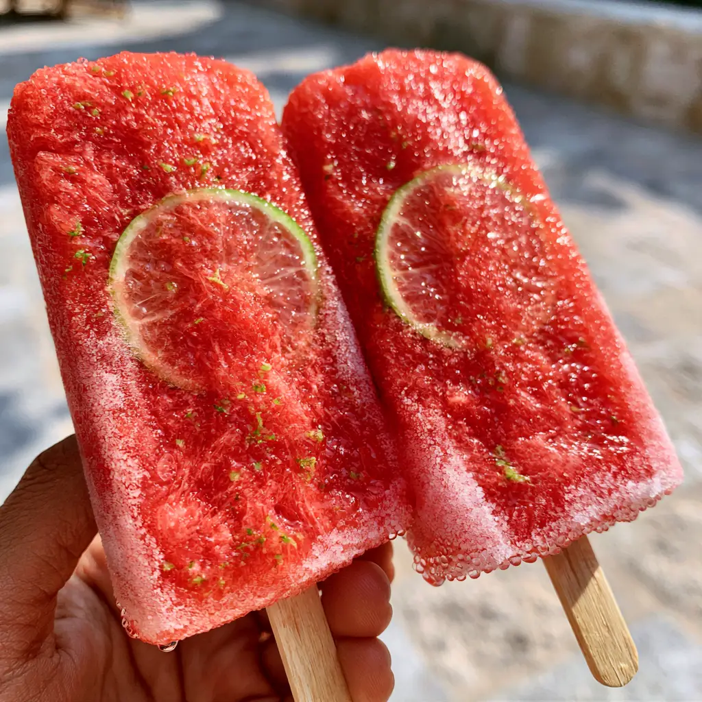 Watermelon Popsicles with Fresh Lime and Vibrant Zest 2 Close up of two red watermelon popsicles with visible fruit texture and matte white frost in golden hour light. (watermelon popsicles)