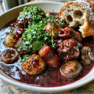 Top down view of glossy burgundy sauce chicken thighs with mushrooms and bacon. (famous foods in France)