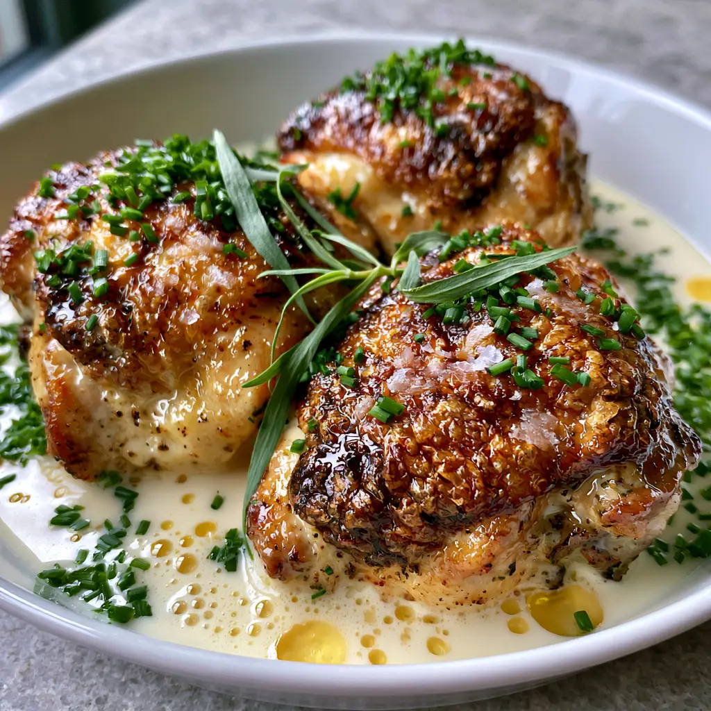 Famous French Dishes: The Ultimate Crispy Poulet à la Crème with Tarragon 1 Creamy ivory sauce with golden butter droplets and fresh green herbs. (famous French dishes)