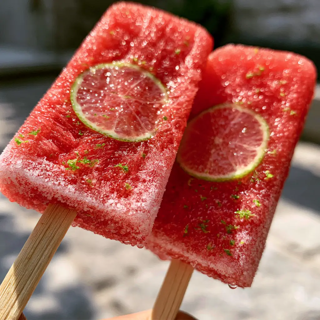 Watermelon Popsicles with Fresh Lime and Vibrant Zest 1 Smartphone photo of vibrant red watermelon popsicles with bright green lime zest specks held on a summer patio.