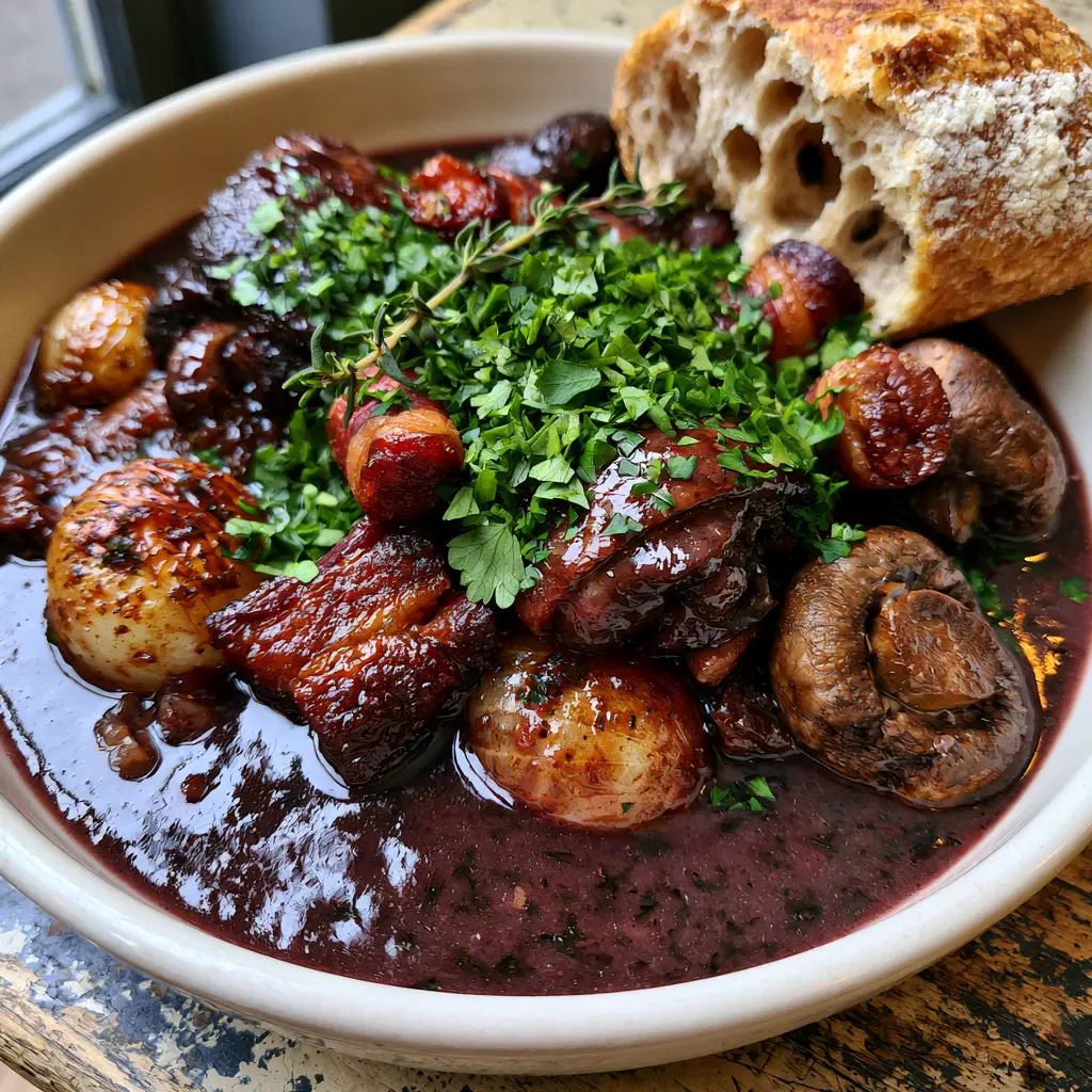 Famous foods in France: The Ultimate Rustic Coq au Vin Guide 1 Close up of torn crusty French baguette next to a bowl of Coq au Vin stew.