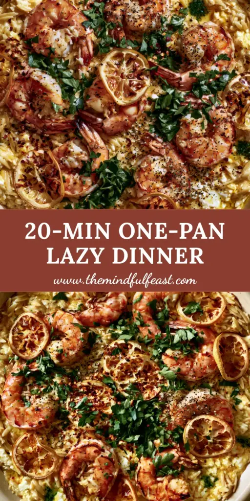 Overhead view of Lemon Feta Orzo Shrimp in a cream ceramic pan with caramelized lemons and parsley.