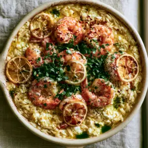 Close-up of seared jumbo shrimp with pink-orange hues on a bed of creamy golden orzo pasta. (Lemon Feta Orzo Shrimp)