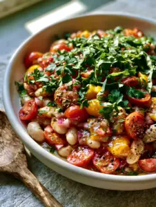High-detail smartphone photo of Italian Bean Salad with glossy lemon-herb vinaigrette and fresh basil ribbons.