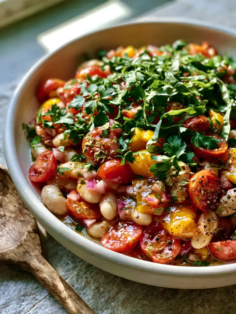 Italian Bean Salad: The Ultimate Vibrant 10-Minute Mediterranean Dish 2 High-detail smartphone photo of Italian Bean Salad with glossy lemon-herb vinaigrette and fresh basil ribbons.