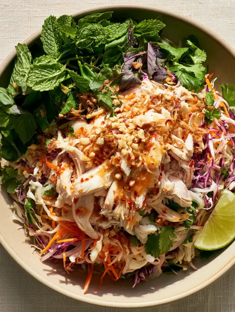 Vietnamese Chicken Salad: The Ultimate Crunchy Goi Ga with Nuoc Cham 1 A close-up of Vietnamese Chicken Salad garnished with fried shallots, crushed peanuts, and fresh Thai basil in a matte ceramic bowl. (Vietnamese Chicken Salad)