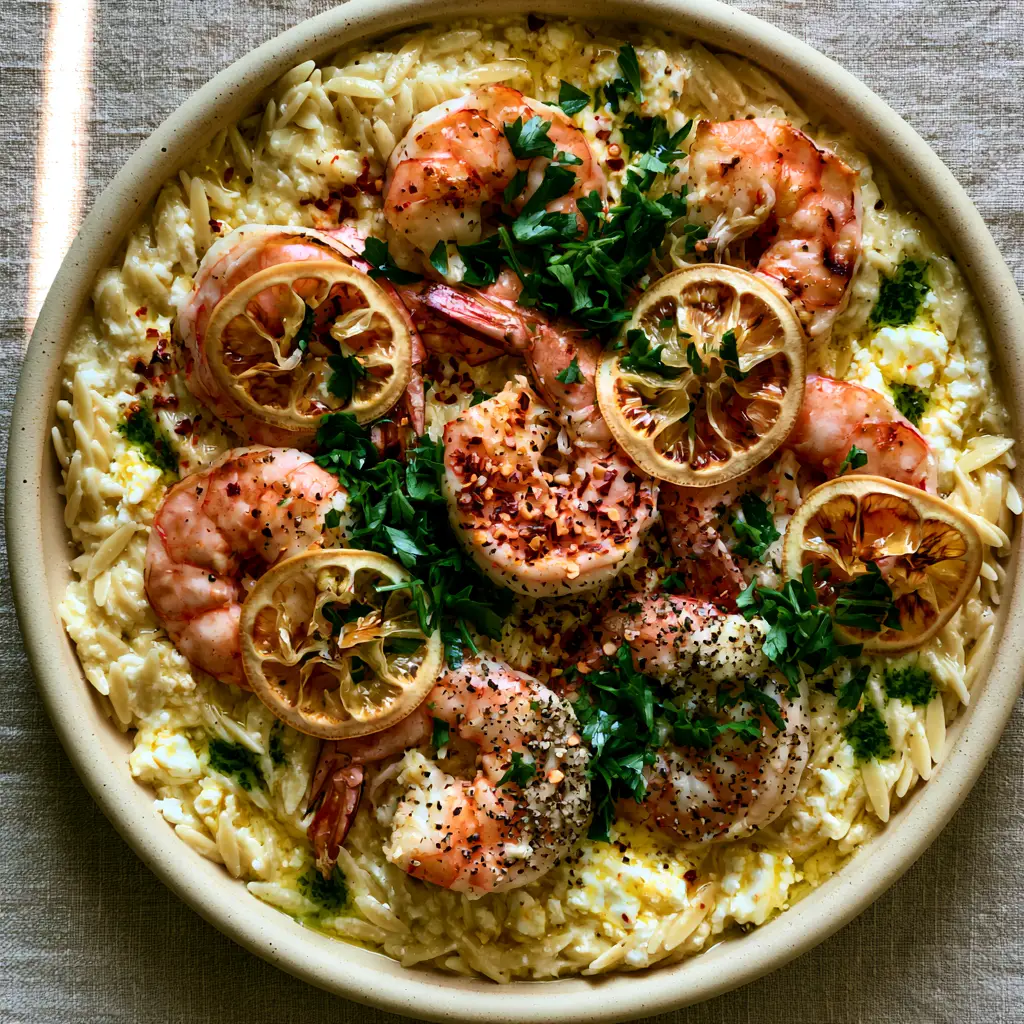 Rustic cream ceramic pan filled with Lemon Feta Orzo Shrimp garnished with caramelized lemons and chili flakes.