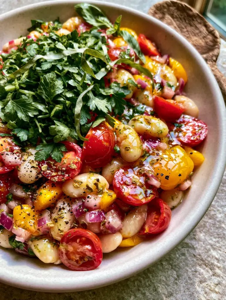 Italian Bean Salad: The Ultimate Vibrant 10-Minute Mediterranean Dish 1 Top-down angled photo of Italian Bean Salad in a matte white ceramic bowl on a stone countertop.