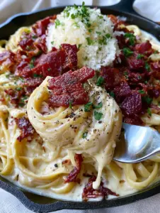 A handheld smartphone photo of Creamy Bacon Pasta in a rustic cast iron skillet with a deep-red bacon garnish.