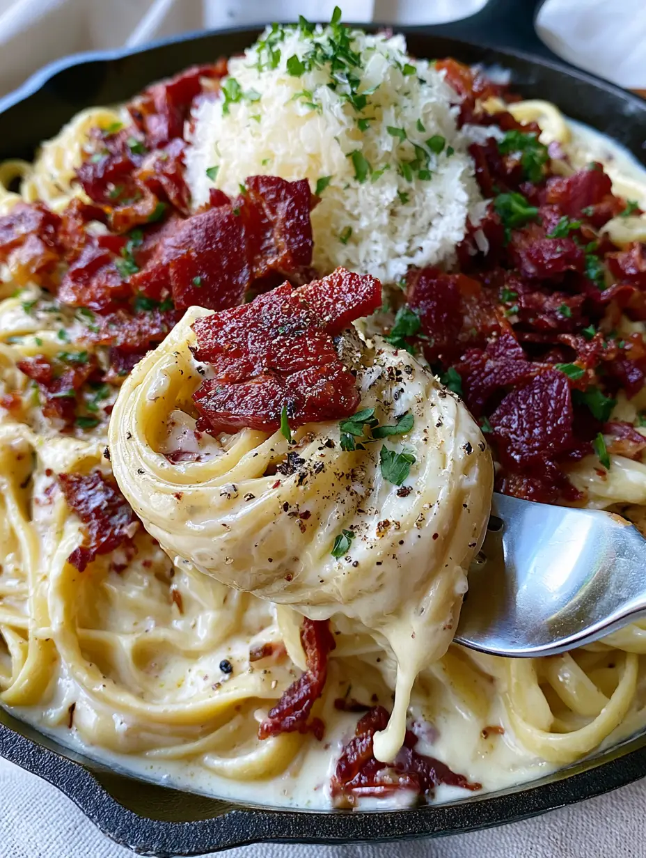 Creamy Bacon Pasta: The Ultimate Silk and Smoke Skillet Recipe 3 A handheld smartphone photo of Creamy Bacon Pasta in a rustic cast iron skillet with a deep-red bacon garnish.