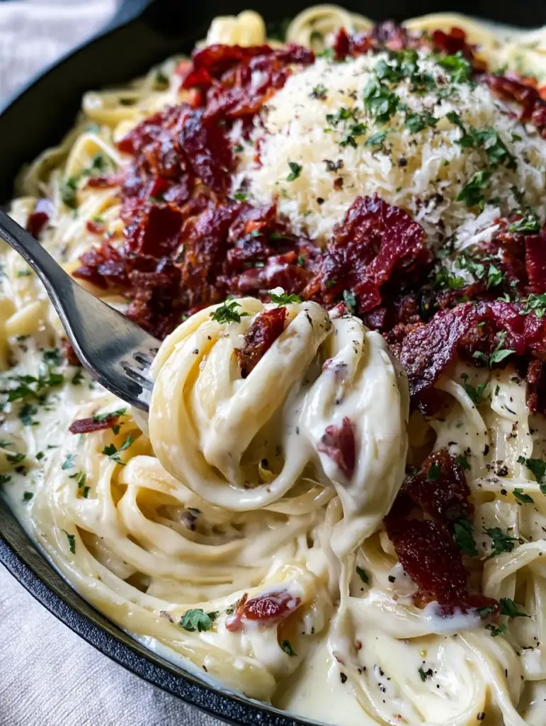Creamy Bacon Pasta: The Ultimate Silk and Smoke Skillet Recipe 1 A fork lifting a swirl of fettuccine from a skillet of Creamy Bacon Pasta showing the glossy ivory sauce.