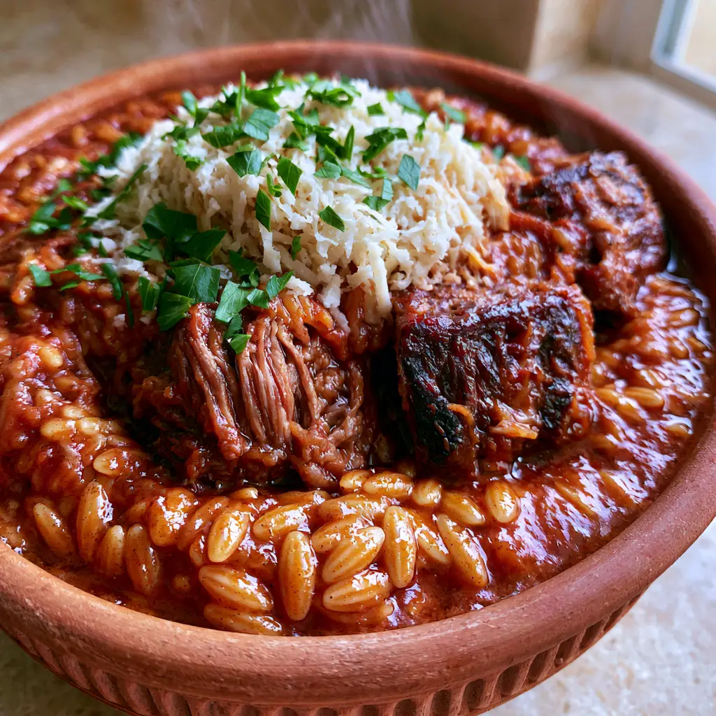 Giouvetsi: The Ultimate Greek Slow-Braised Beef and Orzo Comfort Dish 2 Close-up of braised beef chunks with caramelized edges and plump orzo in a thick tomato sauce. (giouvetsi)