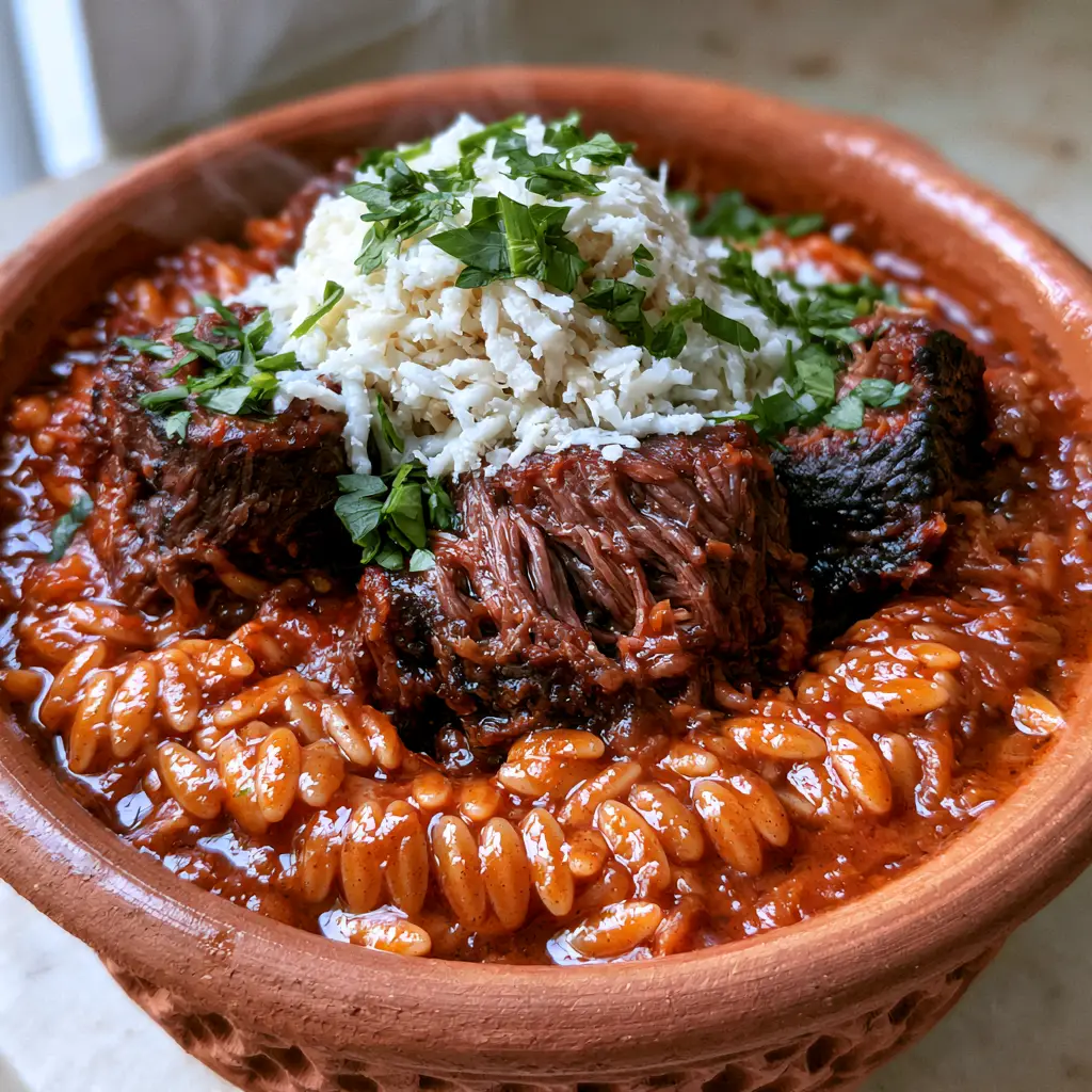 Giouvetsi: The Ultimate Greek Slow-Braised Beef and Orzo Comfort Dish 1 High-angle view of Giouvetsi topped with a mountain of white kefalotyri cheese and parsley. (giouvetsi)