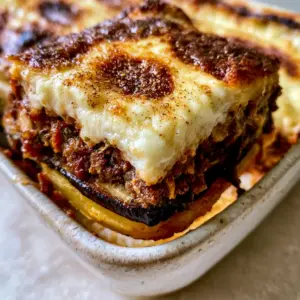 Close-up of Eggplant Moussaka in a white ceramic dish with bubbly bechamel and golden spots.