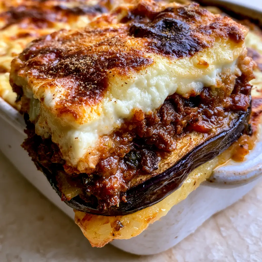 Eggplant Moussaka: The Ultimate Guide to the Perfect Greek Casserole 1 Handheld photo showing the vertical stacks of dry-roasted eggplant and golden potatoes in Moussaka.