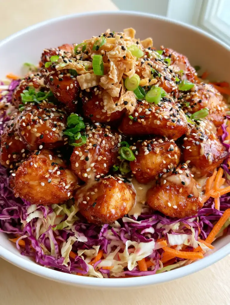 Sesame Chicken Salad with Glossy Ginger Glaze and Creamy Dressing 1 Smartphone photo of sesame chicken salad with purple cabbage, carrots, and crispy wonton strips.
