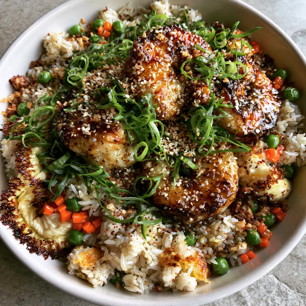 Shrimp Fried Rice Recipe with Garlic Butter and Crispy Garlic Bits 2 Close up view of the Shrimp Fried Rice Recipe showing glistening tiger shrimp and crispy garlic bits. (Shrimp Fried Rice Recipe)