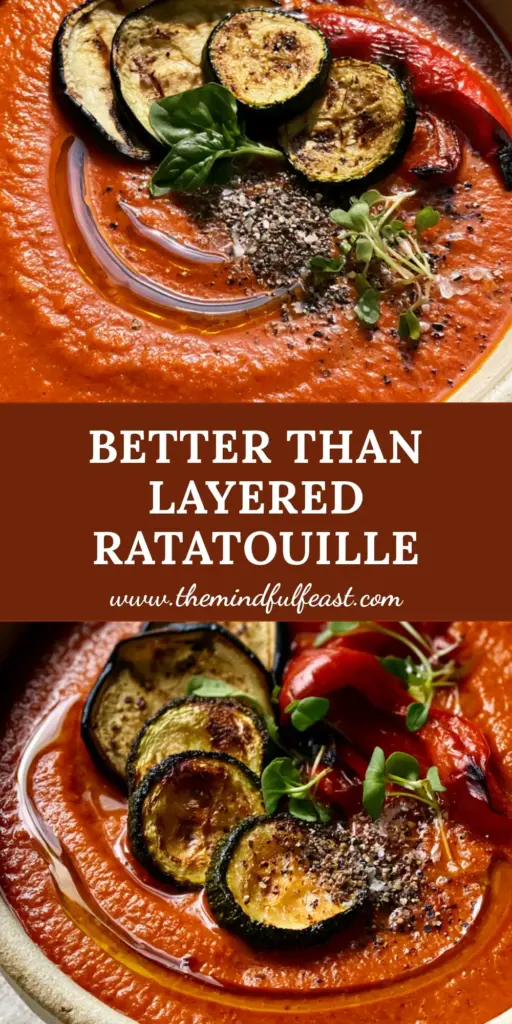 Ratatouille Soup: The Ultimate Roasted Vegetable Experience 4 A rustic matte-cream bowl filled with deep-orange ratatouille soup topped with charred eggplant, zucchini rounds, and micro-basil. (ratatouille soup)