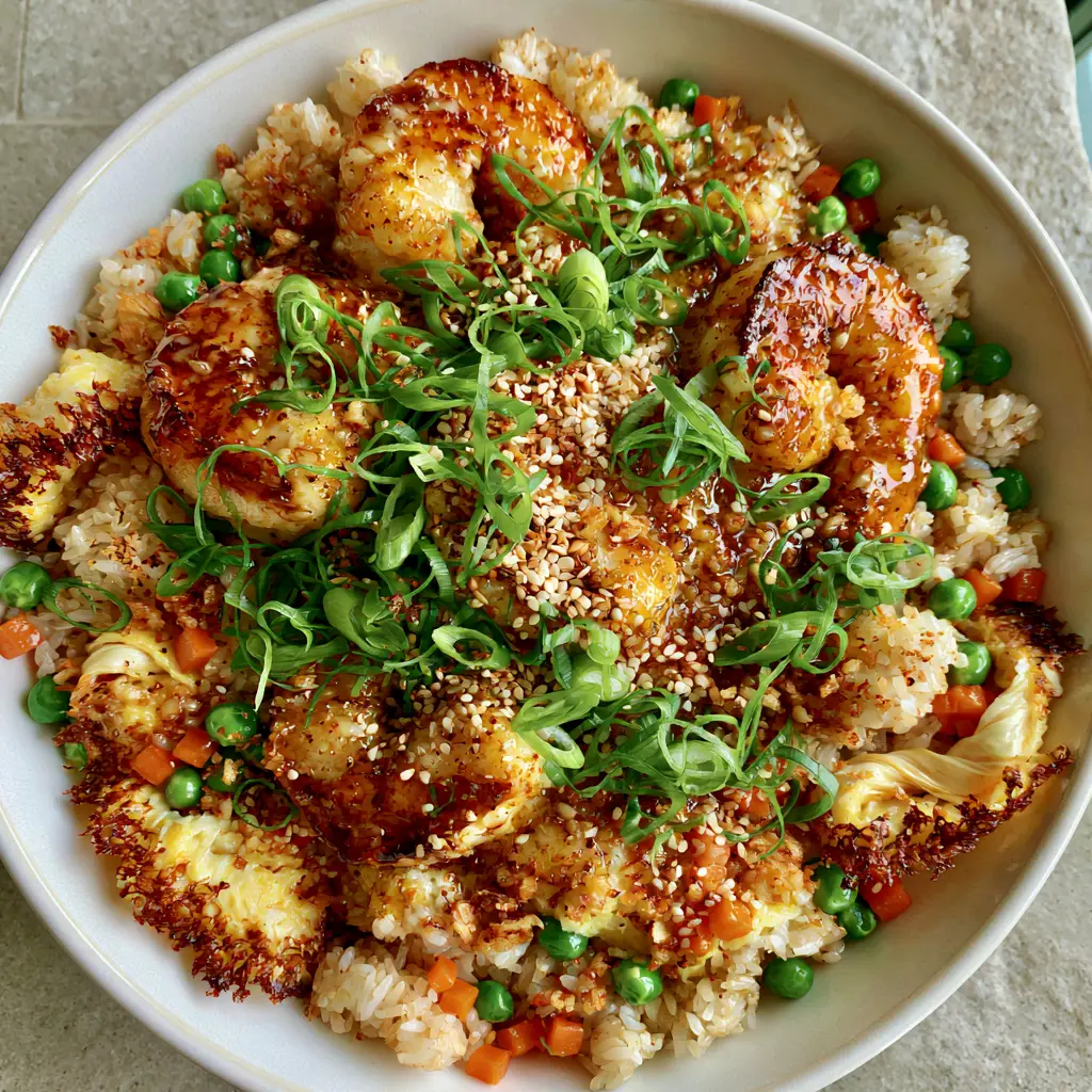 Shrimp Fried Rice Recipe with Garlic Butter and Crispy Garlic Bits 1 Side view of a bowl of Shrimp Fried Rice Recipe on a grey stone surface with morning light. (Shrimp Fried Rice Recipe)