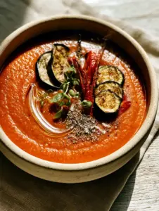 Top-down angled shot of velvety ratatouille soup with a spiral of olive oil and blistered peppers. (ratatouille soup)