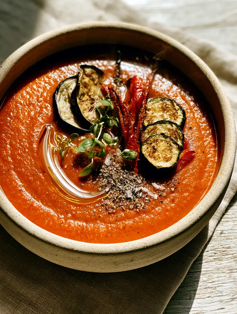 Ratatouille Soup: The Ultimate Roasted Vegetable Experience 3 Top-down angled shot of velvety ratatouille soup with a spiral of olive oil and blistered peppers. (ratatouille soup)