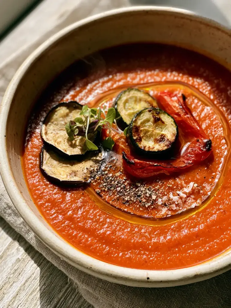 Ratatouille Soup: The Ultimate Roasted Vegetable Experience 1 Close-up of charred eggplant and caramelized zucchini rounds garnishing a bowl of red pepper and tomato soup.
