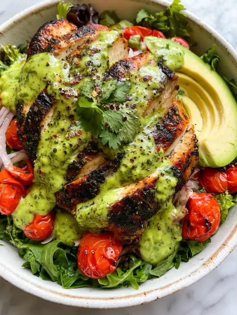 Peruvian Grilled Chicken Salad with Creamy Aji Verde Sauce 2 Close up of charred chicken strips on a bed of greens for the Peruvian Grilled Chicken Salad.