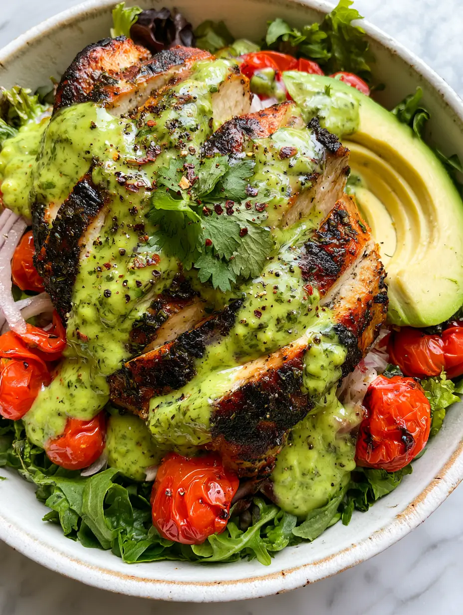 Peruvian Grilled Chicken Salad with Creamy Aji Verde Sauce 3 Close up of charred chicken strips on a bed of greens for the Peruvian Grilled Chicken Salad.